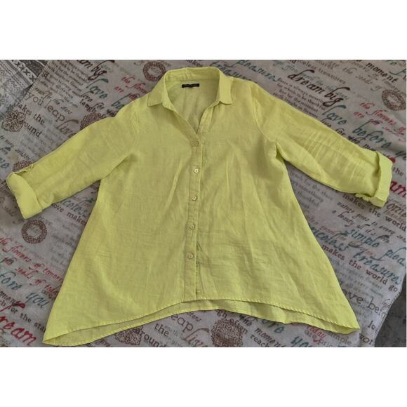 For Cynthia 100% Linen Yellow Neon Button Down Shirt Size M Legenlook Minimalist - Picture 7 of 7